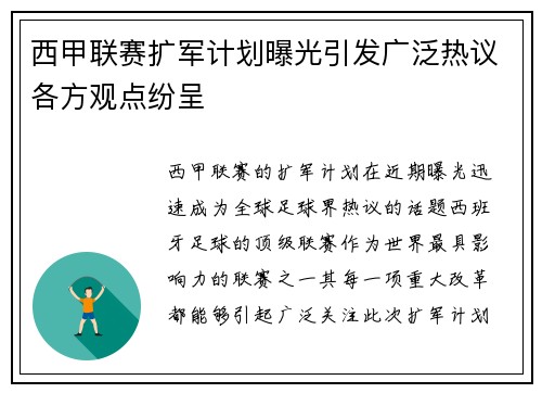 西甲联赛扩军计划曝光引发广泛热议各方观点纷呈